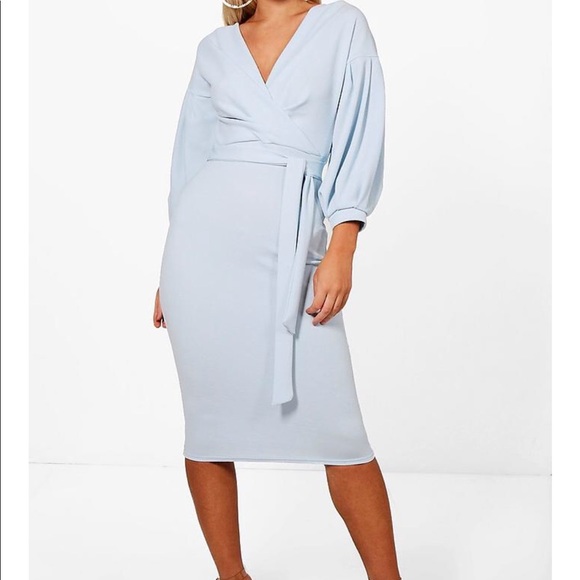 off the shoulder wrap midi bodycon dress